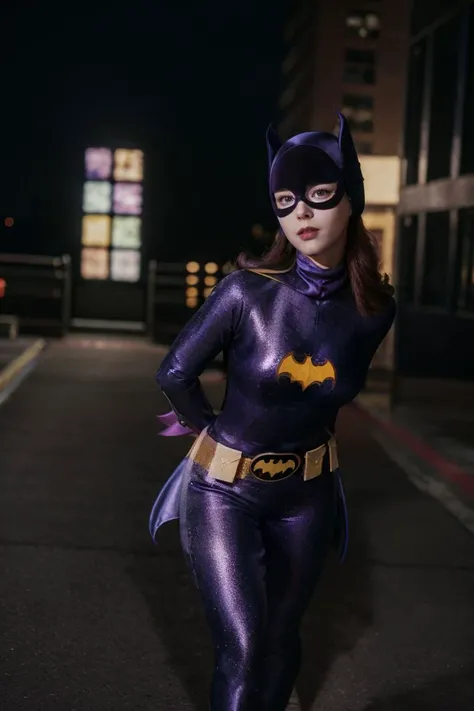 (full body:0.7), photorealistic photo of Batgirl, looking at the camera, realistic, (masterpiece:1.1), (best quality:1.1), beautiful, (intricate details), unity 8k wallpaper, ultra detailed, aesthetic, perfect lighting, <lora:60sBatgirl_V2-000008:0.8>