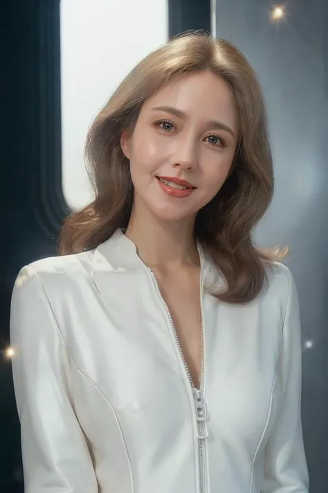 photorealistic photo of eringr, a mature woman wearing a white outfit, fine lines and wrinkles, standing, smiling, looking at the camera, space background, realistic, (masterpiece:1.1), (best quality:1.1), beautiful, (intricate details), unity 8k wallpaper, ultra detailed, aesthetic, perfect lighting, <lora:eringr_V2-000009:0.85>
