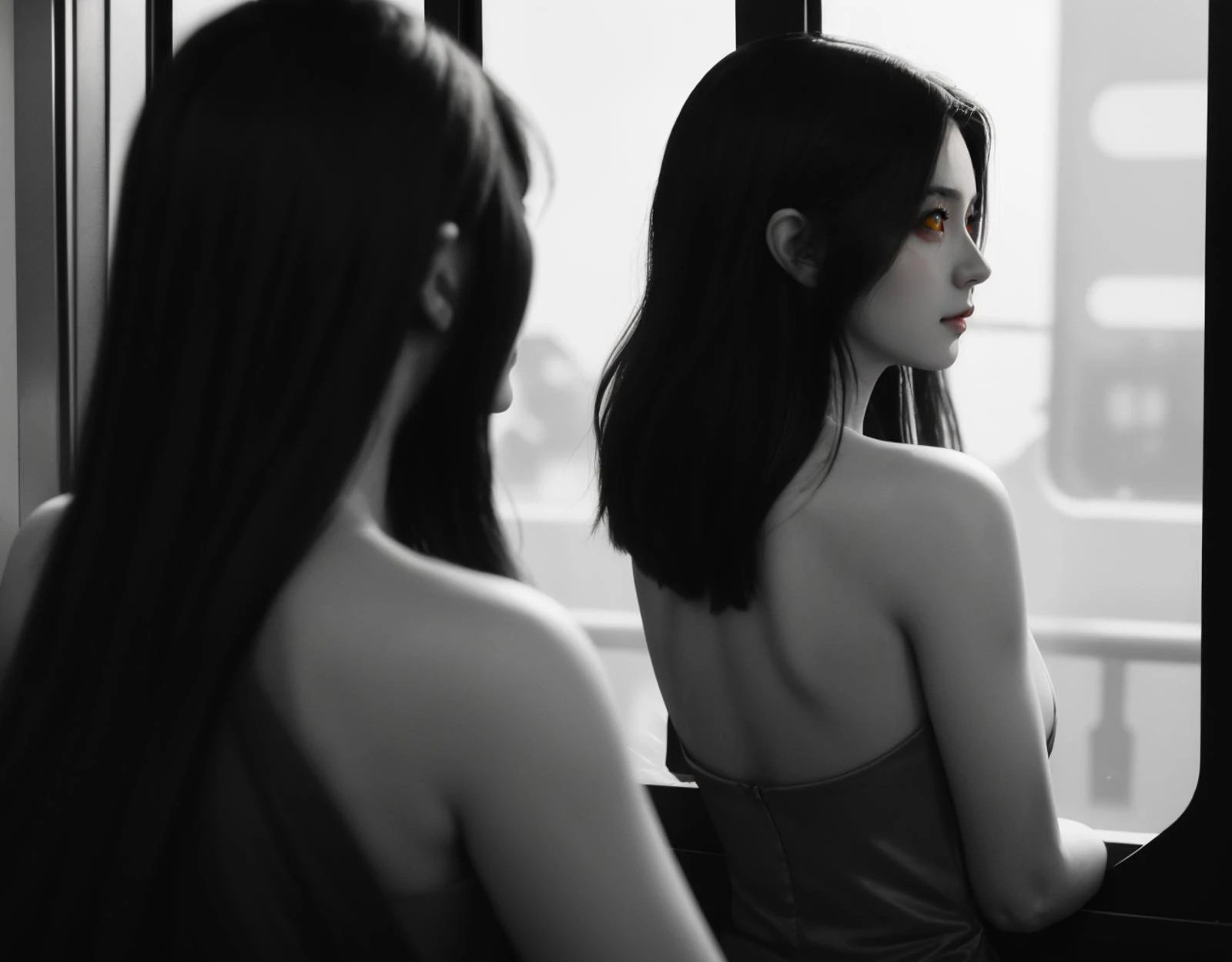 three cornered window, back of head shot of (woman looking out of triangle window:1.1), 3rd person, Looking out the triangular window of a (train:1.1) with triangular windows, triangular windows and triangular, wheels, in a fantasy world,
psychedelic, geometric, vivid light, high contrast, triadic colors, dark shadows, explosions, nuclear mushroom cloud, nuclear explosion, dystopian nightmare,
(beautiful composition),
21 yo woman,