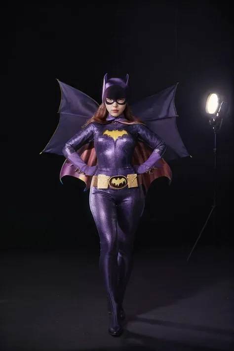 (full body:0.7), photorealistic photo of Batgirl, looking at the camera, realistic, (masterpiece:1.1), (best quality:1.1), beautiful, (intricate details), unity 8k wallpaper, ultra detailed, aesthetic, perfect lighting, <lora:60sBatgirl_V2-000008:0.8>