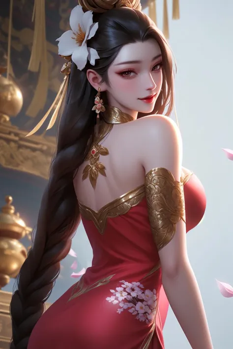 Original,very detailed wallpaper,very detailed illustrations,(1 Girl),perfect female body,beautiful eyes,(delicate face),(seductive expression),goddess,red clothes,1girl,hair ornament,long hair,solo,brown hair,looking back,pink dress,white background,bare shoulders,chinese clothes,brown eyes,flower,smile,cowboy shot,blossom,
(shiny skin),(best lighting),(super-complex detail),4K Unity,(super-detailed CG:1.2),(8K:1.2),octane rendering,
Dynamic,floating,luminous,League of Legends original painting,wide-angle viewing angle:2,