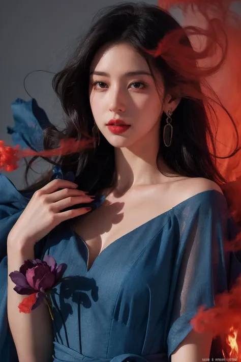 1girl,solo,red smoke,blue smoke.jewelry,earrings,long hair,flowerr,blue dress,,upper body,red dress,black hair,bare shoulders,floating hair,s,
ray_traycing,best quality,masterpiece,magazine cover,cinematic_lighting,