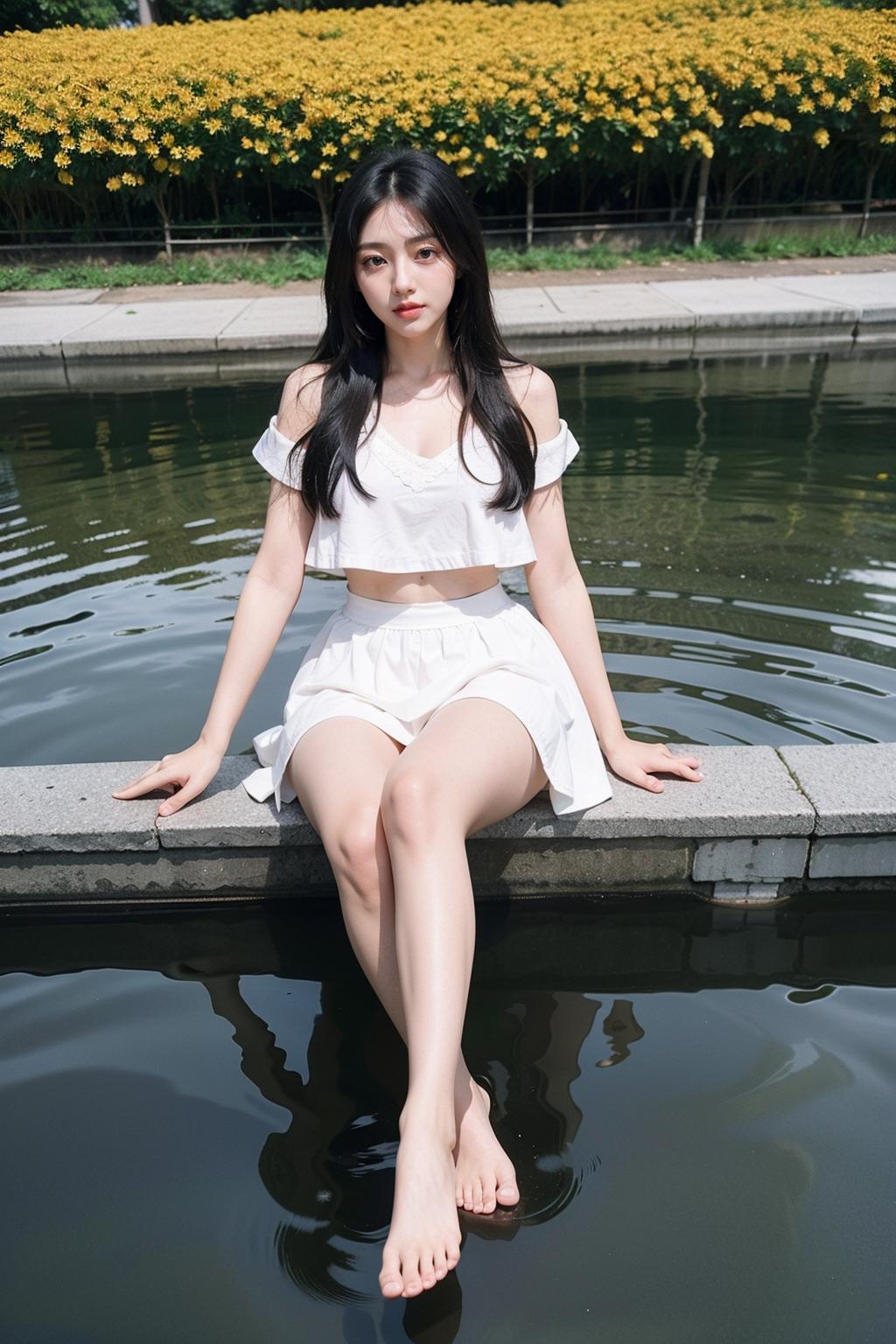 Araffe asian woman sitting on a ledge in a pond - SeaArt AI