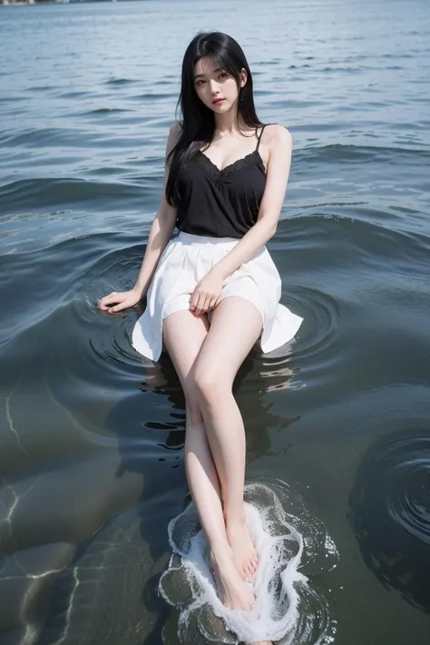 A woman in a white strapless bikini lies on the shore of a rocky sea,Face the lens,Hands are not visible,Best quality at best,1girll,Medium ,fully body photo,Feet soaked in water,In the daytime,brightly,blur backgroun,Background bokeh,exteriors,(One guy,crowd of:0.7),(Splite bikini:1.3),opulent,(long whitr hair,Forehead:1.1),Beautiful Details Sky,耳Nipple Ring,(dynamicposes:1.3), (full bodyesbian:1.3),gentlesoftlighting,ventania,shiny skins,ssmile,There is no text in the background