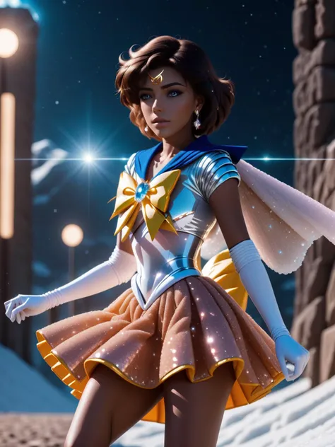 cinematic photo a beautiful woman wearing a ((sailor senshi uniform,crystalline dress)) Arching in Glacier, <lora:xl_n15g_aio_clothing-2.0:1>, realistic, vibrant, vivid, [full body],
Overhead Shot, from front, [full body],
crazy,
Afro,
Puffer Jacket,
Light Brown hair, . 35mm photograph, film, bokeh, professional, 4k, highly detailed