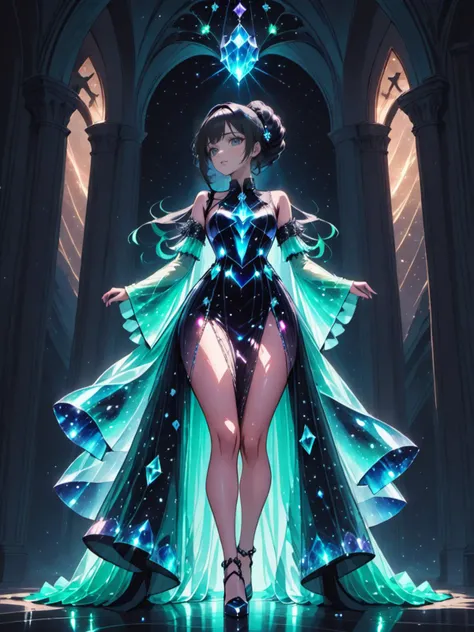 （（Bestquality））， （（A Masterpiece））， （（realisti））， portraits，1girle，full body portrait， celestial bodies， The god， a goddess， Light particles， Halo， looks at the viewer， Firm eyes， Bare Shoulders， Chest tube parietal， Poker face，（bioluminescense：0.9 girls 5）Ocean， bioluminescense， full of energy， colorful，，，，， colour， （bioluminescence， bioluminescence），（Beautiful composition）， Cinematic Lights， Wheels within wheels， （symmetric：0.5 girls）， Whimsical，