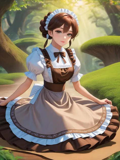 anime artwork photograph of a beautiful woman wearing a Burlap Brown victorian maid dress Laying down in Yggdrasil, <lora:xl_n15g_aio_clothing-2.0:0.8>, realistic, vibrant, vivid, full body,
Tilt Shot, from front, [full body],
excited,
Crew Cut,
Tunic Top,
Brunette hair, . anime style, key visual, vibrant, studio anime,  highly detailed