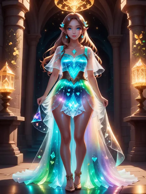 Legend of Zelda style a beautiful woman wearing a (bioluminescent dress,iridescent clothing) Posing with sunglasses or other accessories in Alchemy lab, <lora:xl_n15g_aio_clothing-2.0:1>, realistic, vibrant, vivid, [full body],
Tracking Shot, from front, [full body],
ashamed,
Long Hair,
Skirt,
Dark Chestnut hair, . Vibrant, fantasy, detailed, epic, heroic, reminiscent of The Legend of Zelda series