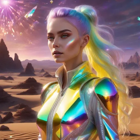 Hyperrealistic art female wearing <lora:xl_n15g_aio_clothing-2.0:0.8> iridiscent clothes, on alien planet, glistering sparkling iridescent hair, yellow sky, volumetric lighting, reflections, broken glass effect, mystical, . Extremely high-resolution details, photographic, realism pushed to extreme, fine texture, incredibly lifelike
