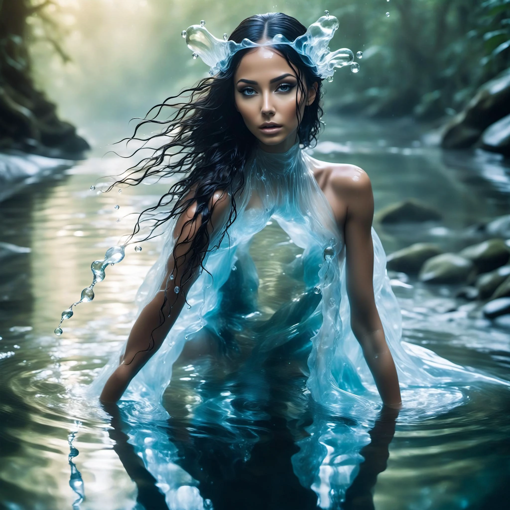 Dreamscape
water nymph in a river, partially submerged, <lora:xl_n15g_aio_clothing-2.0:0.8> liquid dress, transparent, drippng away, looking at camera, ccovered in water . Surreal, ethereal, dreamy, mysterious, fantasy, highly detailed