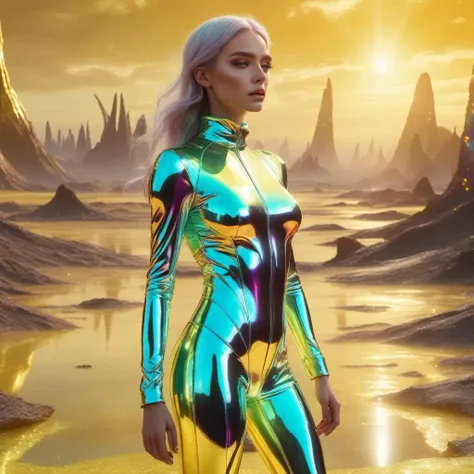 Hyperrealistic art female wearing <lora:xl_n15g_aio_clothing-2.0:0.8> iridiscent clothes, on alien planet, yellow sky, volumetric lighting, reflections, broken glass effect, mystical, . Extremely high-resolution details, photographic, realism pushed to extreme, fine texture, incredibly lifelike