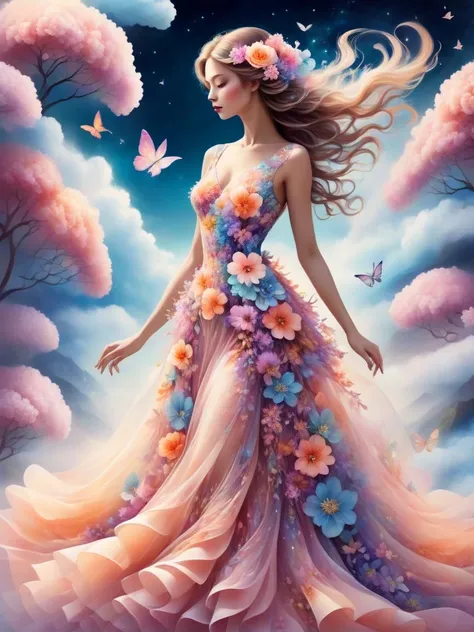 Dreamscape beautiful woman wearing a flower dress <lora:xl_n15g_aio_clothing-1.0:0.8>
 . Surreal, ethereal, dreamy, mysterious, fantasy, highly detailed