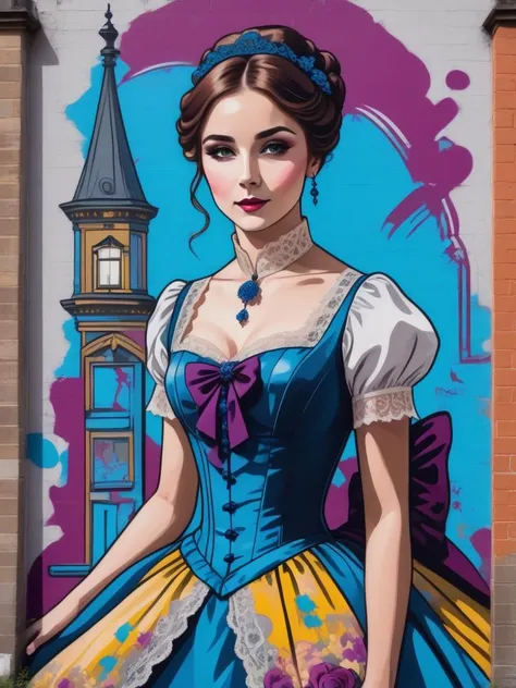 Graffiti style mural of a beautiful girl wearing a victorian dress, <lora:xl_n15g_aio_clothing-1.0:0.8>
 . Street art, vibrant, urban, detailed, tag, mural