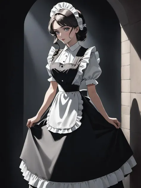 Film noir style beautiful woman wearing a victorian maid dress <lora:xl_n15g_aio_clothing-1.0:0.8>
. Monochrome, high contrast, dramatic shadows, 1940s style, mysterious, cinematic