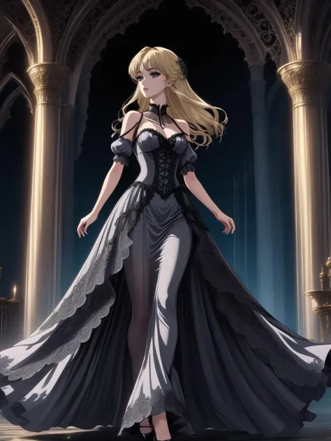 1 girl, young, Europoid appearance, very beautiful, shoulder-length blond hair, dark marshy eye color, high forehead, high cheekbones, tall, medium-sized breasts, full-length, corridor, gothic archetecture.