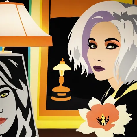 <lora:w3ss:1>w3ss, woman, face, eyeshadow, black and white hair, lamp, flowers
