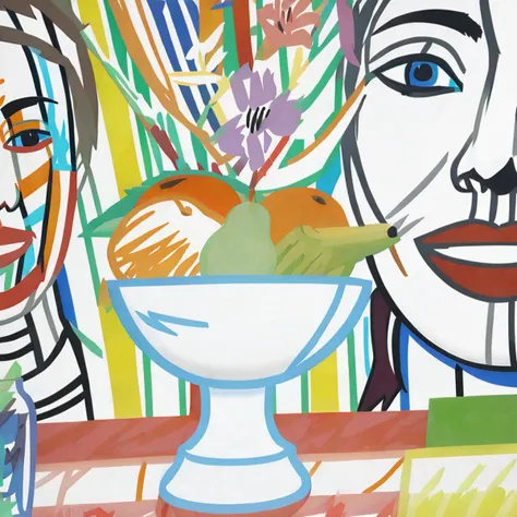 <lora:w3ss:1>w3ss, white border, still life, flowers in vase, fruit bowl, striped wallpaper, abstract face art on wall