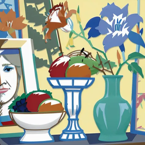 <lora:w3ss:1>w3ss, still life, picture frame, fruit bowl, flowers in vase