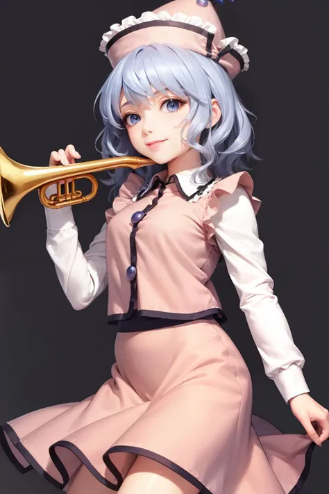 masterpiece, best quality, <lora:merlin:1>,1girl,merlin prismriver, hat,blue hair,blue eyes,short hair,long sleeves,skirt,smile,trumpet,grey background,