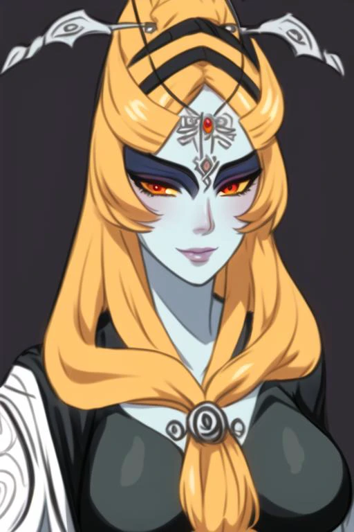 masterpiece, best quality, portrait of midna, dusk, full body, pelvic curtain, legs, slim, 1girl, breasts, colored sclera, blue skin, forehead jewel, front ponytail, grey skin, large breasts, lips, long hair, looking at viewer, midna, orange hair, solo, yellow sclera, intricate hair, official art