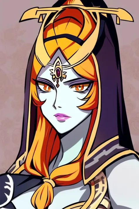 masterpiece, best quality, portrait of midna, dusk, full body, pelvic curtain, legs, slim, 1girl, breasts, colored sclera, blue skin, forehead jewel, front ponytail, grey skin, large breasts, lips, long hair, looking at viewer, midna, orange hair, solo, yellow sclera, intricate hair, official art