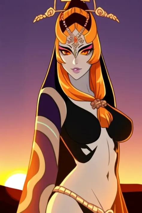 masterpiece, best quality, portrait of midna standing in front of a sunset, full body, pelvic curtain, legs, slim, 1girl, breasts, colored sclera, blue skin, forehead jewel, front ponytail, grey skin, large breasts, lips, long hair, looking at viewer, midna, orange hair, solo, upper body, yellow sclera, intricate hair, official art