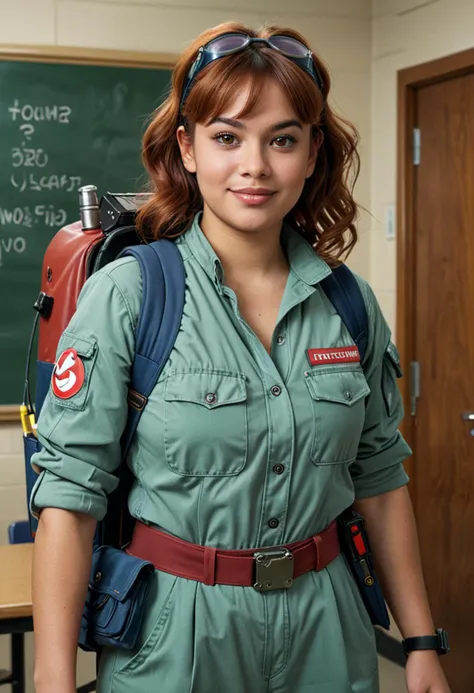 (medium full shot) of (intrepid ghostbuster) young woman, mexican, caramel skin, dark green eyes, full-figured build, short red curtain bangs hair, wearing a blue jumpsuit, equipped with carrying a Neutrona wand, utility belt with ghost-hunting gadgets, set in  a deserted school, with empty classrooms, creaky floors, forgotten desks, and a sense of history , woman smiling, ,Masterpiece,best quality, photo, realistic, very aesthetic, detailed face,