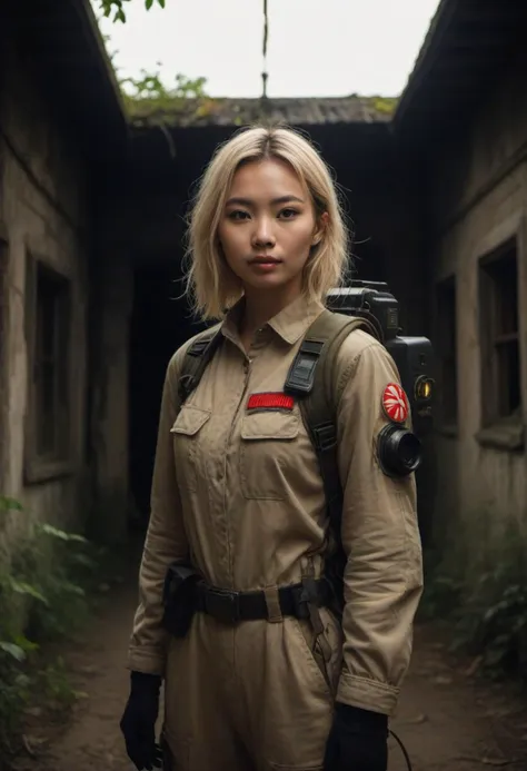 masterpiece, reality, 4k, (medium full shot) of (fearless ghostbuster) young woman, chinese, fair skin, brown eyes, busty build, extra long blonde bangs hair, wearing a khaki jumpsuit, equipped with carrying a proton pack with glowing lights, nametag with "Zeddemore", set in  a haunted farmhouse, with overgrown gardens, decaying walls, dark attics, and ominous shadows, during sunset, woman smiling