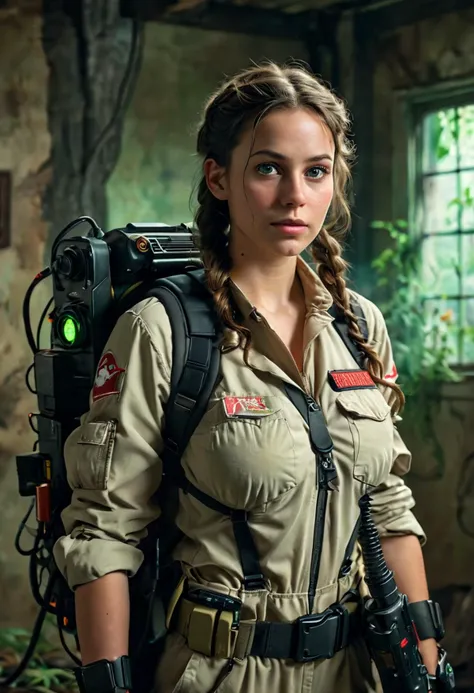 (medium full shot) of (professional ghostbuster) young woman, italian, tan skin, mint green eyes, full-figured build, extra long dark dutch braid hair, wearing a khaki jumpsuit, equipped with carrying a proton pack with glowing lights, Ecto goggles, set in  a haunted farmhouse, with overgrown gardens, decaying walls, dark attics, and ominous shadows, woman smiling, ,Masterpiece,best quality, photo, realistic, very aesthetic, detailed face,