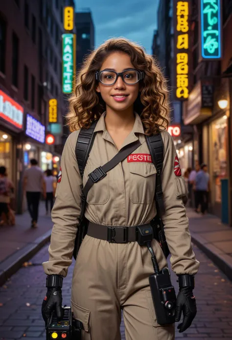 (medium full shot) of (fearless ghostbuster) young woman, philippine, tan skin, light brown eyes, Medium build, long hazel curly down hair, wearing a black jumpsuit, equipped with carrying a ghost trap, Ecto goggles, set in bustling city streets at night, with glowing neon signs, dark alleys, crowded sidewalks, and a sense of urgency, during sunset, woman smiling, Masterpiece,best quality, photo, realistic, very aesthetic, detailed face,