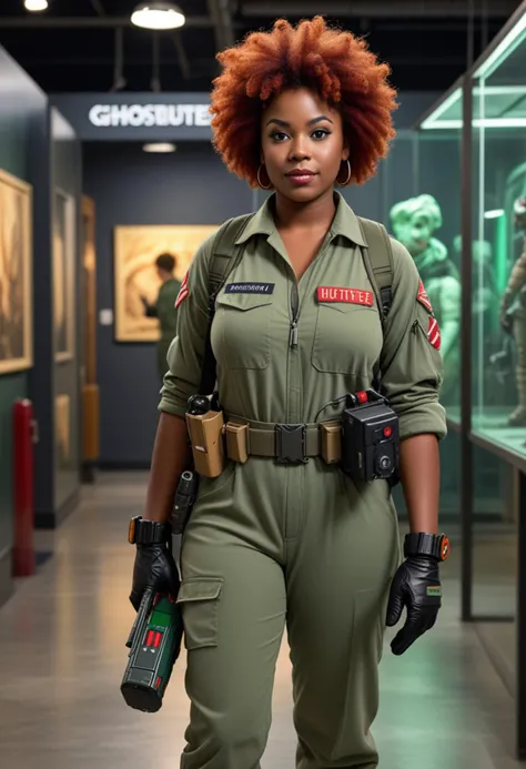 (medium full shot) of (bold ghostbuster) young woman, black american, dark skin, brown eyes, full-figured build, medium red afro hair, wearing a dark green jumpsuit, equipped with carrying a Neutrona wand, utility belt with ghost-hunting gadgets, set in a modern museum, with sleek displays, interactive exhibits, bright lighting, and a sense of learning, woman smiling, Masterpiece,best quality, photo, realistic, very aesthetic, detailed face,