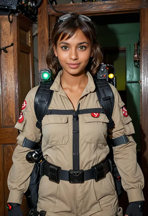 (medium full shot) of (professional ghostbuster) young woman, indian, tan skin, light green eyes, willowy build, medium brown side-swept bangs hair, wearing a black jumpsuit, equipped with carrying a proton pack with glowing lights, utility belt with ghost-hunting gadgets, set in a creepy haunted house, with flickering lights, cobwebs in the corners, eerie portraits, and creaky wooden floors, at night, woman smiling, ,Masterpiece,best quality, photo, realistic, very aesthetic, detailed face,