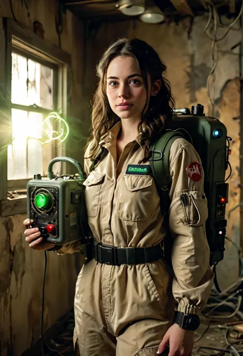 (medium full shot) of (determined ghostbuster) young woman, australian, light skin, green eyes, slim build, long dark retro hair, wearing a khaki jumpsuit, equipped with carrying a proton pack with glowing lights, radio communicator, set in  a haunted farmhouse, with overgrown gardens, decaying walls, dark attics, and ominous shadows, during sunset, woman smiling, ,Masterpiece,best quality, photo, realistic, very aesthetic, detailed face,