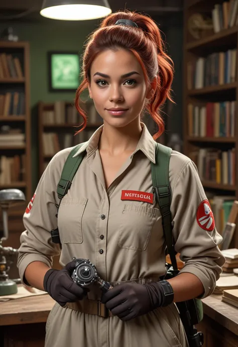 (medium full shot) of (skilled ghostbuster) young woman, native american, mocha skin, jade green eyes, petite build, long red french twist hair, wearing a grey jumpsuit, equipped with carrying a Neutrona wand, nametag with "Venkman", set in  a spooky old lab, with dusty books, antique equipment, bubbling potions, and a sense of mystery, at night, woman smiling, Masterpiece,best quality, photo, realistic, very aesthetic, detailed face,