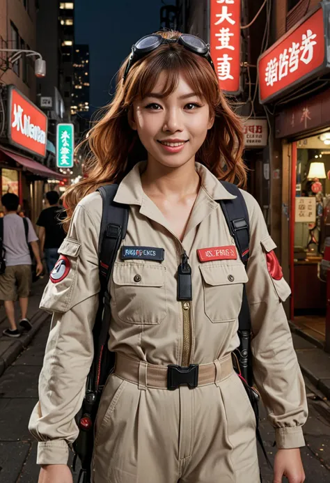 (medium full shot) of (professional ghostbuster) young woman, japanese, tan skin, brown eyes, lithe build, extra long red curtain bangs hair, wearing a beige jumpsuit, equipped with carrying a ghost trap, radio communicator, set in  bustling city streets at night, with glowing neon signs, dark alleys, crowded sidewalks, and a sense of urgency, woman smiling, ,Masterpiece,best quality, photo, realistic, very aesthetic, detailed face,