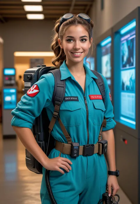 (medium full shot) of (brave ghostbuster) young woman, spanish, tan skin, turquoise eyes, busty build, long hazel pigtails hair, wearing a blue jumpsuit, equipped with carrying a PKE meter, radio communicator, set in  a modern museum, with sleek displays, interactive exhibits, bright lighting, and a sense of learning, during sunset, woman smiling, Masterpiece,best quality, photo, realistic, very aesthetic, detailed face,