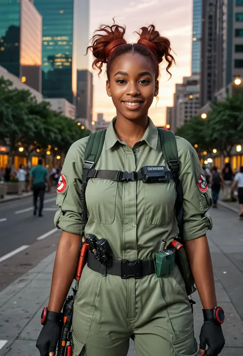 (medium full shot) of (skilled ghostbuster) young woman, african, dark skin, black eyes, slender build, long red bun hair, wearing a dark green jumpsuit, equipped with carrying a Neutrona wand, utility belt with ghost-hunting gadgets, set in  a modern urban area, with skyscrapers, busy intersections, bright lights, and a lively atmosphere, during sunset, woman smiling, ,Masterpiece,best quality, photo, realistic, very aesthetic, detailed face,