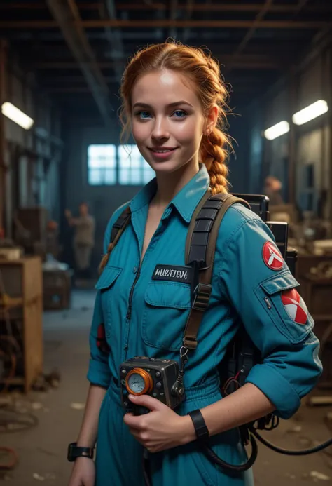 (medium full shot) of (brave ghostbuster) young woman, spanish, tan skin, turquoise eyes, Medium build, long ginger dutch braid hair, wearing a blue jumpsuit, equipped with carrying a PKE meter, radio communicator, set in  an abandoned factory, with large empty spaces, broken equipment, dark shadows, and a haunting feeling , at night, woman smiling, Masterpiece,best quality, photo, realistic, very aesthetic, detailed face,