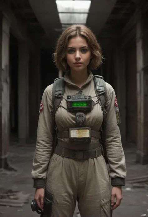 masterpiece, reality, 4k, (medium full shot) of (courageous ghostbuster) young woman, persian, tan skin, green eyes, Medium build, short ginger inverted bob hair, wearing a grey jumpsuit, equipped with carrying a proton pack with glowing lights, nametag with "Venkman", set in  a decaying building, with crumbling walls, broken windows, dark hallways, and an ominous feeling , woman smiling