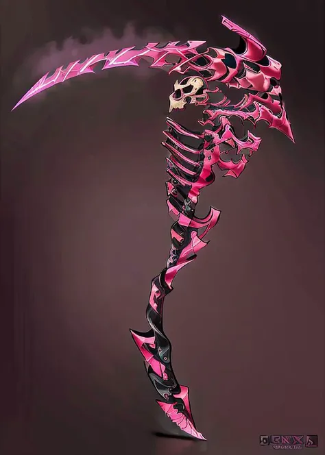 Game Icon Institute,game icon,(neon-pink sickle adorned with BoneyardAI),wide perspective,reasonable structure,HD,game icon,perfect work (masterpiece, top quality, best quality, official art, beautiful and aesthetic:1.2),(8K, best quality, masterpiece:1.2),<lora:GameIconResearch_Scythe_Lora:1>,<lora:BoneyardAI-000011>,shiny, glossy, 8k, glowing,