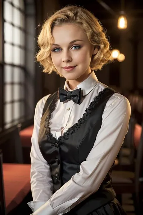 Ann0ndBWTTXV1D,
a beautiful smiling blonde woman posing for masterpiece photo, wearing a black tuxedo vest and a white shirt and black bow tie around her neck, (restauant ambience:1.5),
(professional photo shooting), (high buget photo), (extremely detailed skin), (flawless skin), (model pose), (highly detailed facial features),
(perfect color grading), (High-quality textures and materials), (perfect setup and environments:1.9), (accurate light and shadow effects), (perfect visual quality),
(natural light), (high quality photography), (intricate details), (8k), (HDR), (sharp focus), (medium view:1.2), (dark atmosphere:1.2)