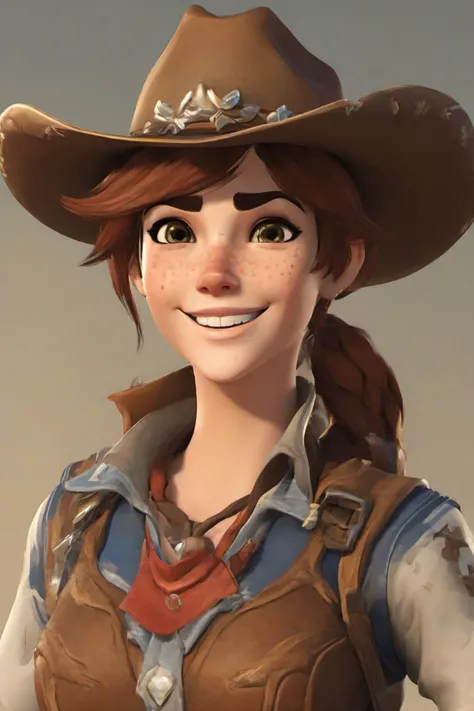 PETracerOW,<lora:PE_TracerOverWatch:0.8>,
portrait of tracer,smile,freckles,
wearing cowgirl outfit,cowboy hat