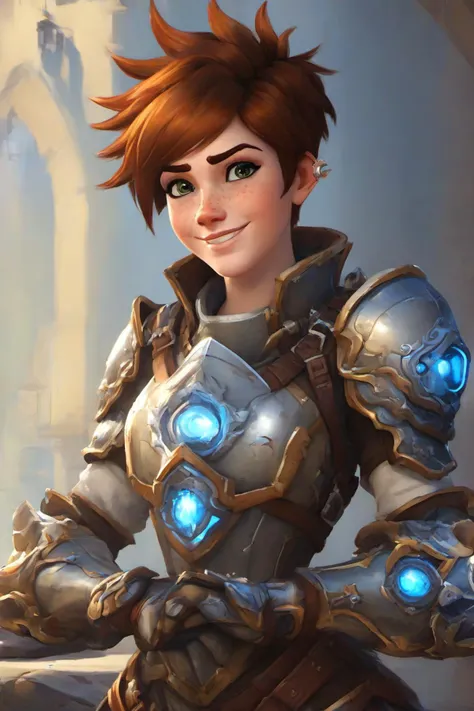 PETracerOW,<lora:PE_TracerOverWatch:0.8>,
portrait of tracer,smile,freckles,
wearing knight armor,gauntlets,