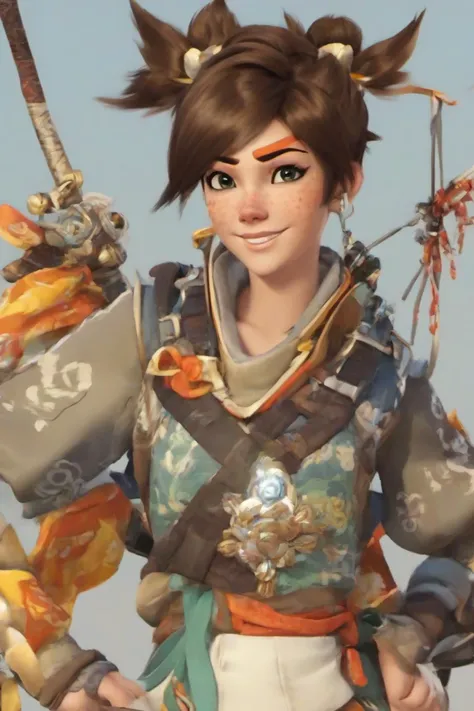 PETracerOW,<lora:PE_TracerOverWatch:0.8>,
portrait of tracer,smile,freckles,
wearing samurai outft,holding a bow