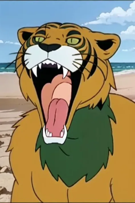 tiger, close-up, yellowgreen_eyes, fangs, sharp_teeth, open_mouth, tongue, sand