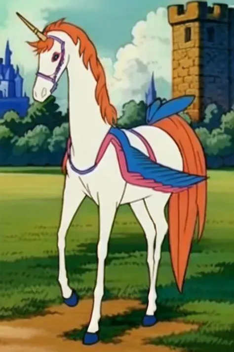unicorn, no_humans, full_body, horn, rainbow_wings, tail, castle