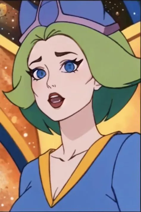 1girl, green_hair, blue_eyes, very_big_eyes, open_mouth, purple_shirt, solo, space