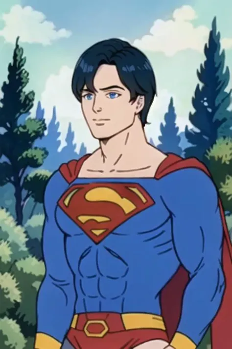 1boy, upper_body, superman, blue_eyes, solo, forest