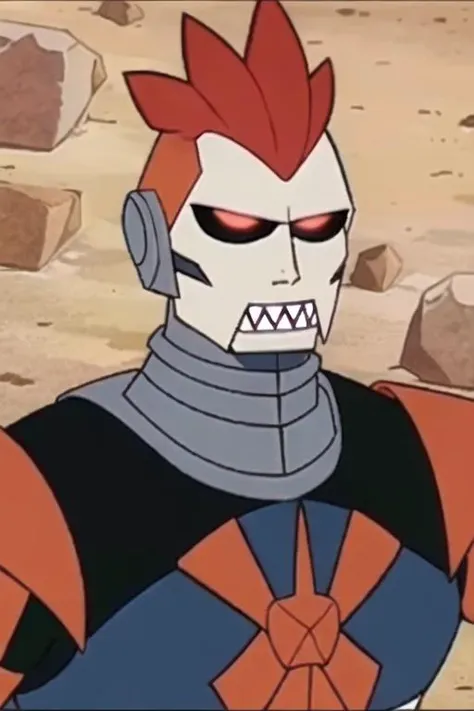 cyborg, portrait, red_eyes, no_pupils, sharp_teeth, solo, mohawk, armor, stone_walkway