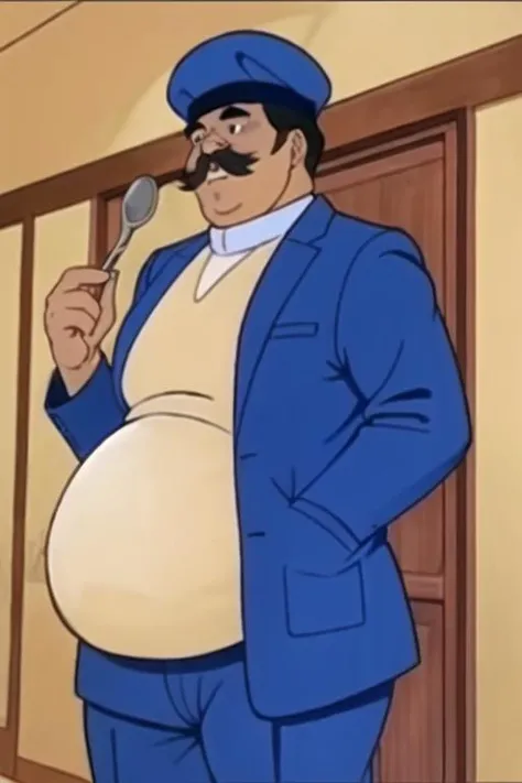 1boy, obese, black_eyes, black_hair, holding_spoon, blue_jacket, cook, hat, mustache, solo, hallway